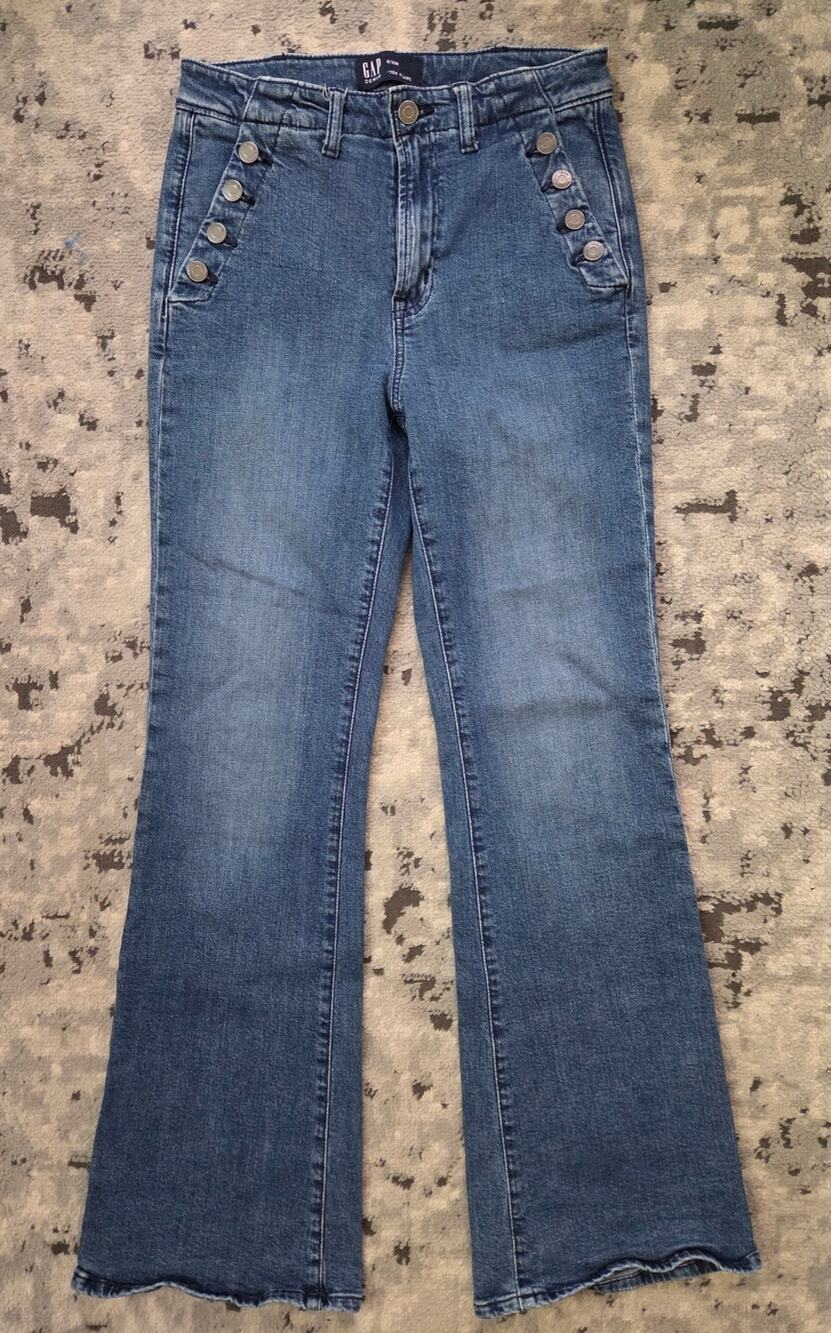 GAP High-Rise 70s Flare Sailor Button Jeans Retro 70's Boho Stretch Streetwear